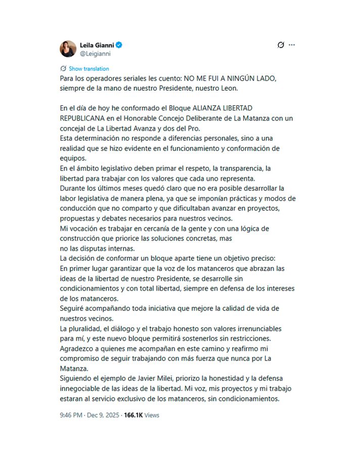 Se rompió La Libertad Avanza en La Matanza: Leila Gianni armó un bloque propio y la acusaron de traición